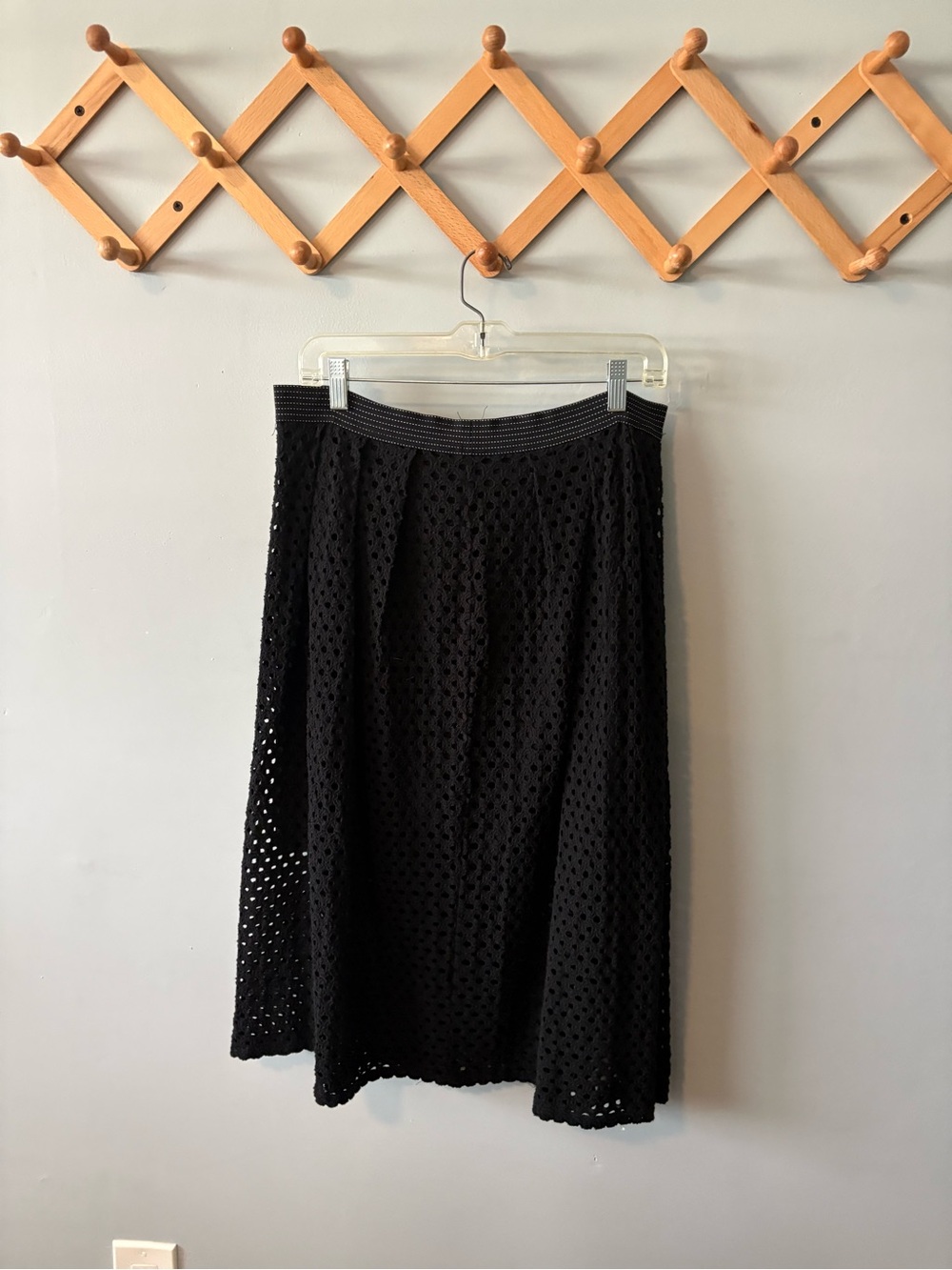 Black Eyelet Midi Skirt with Elastic Waist